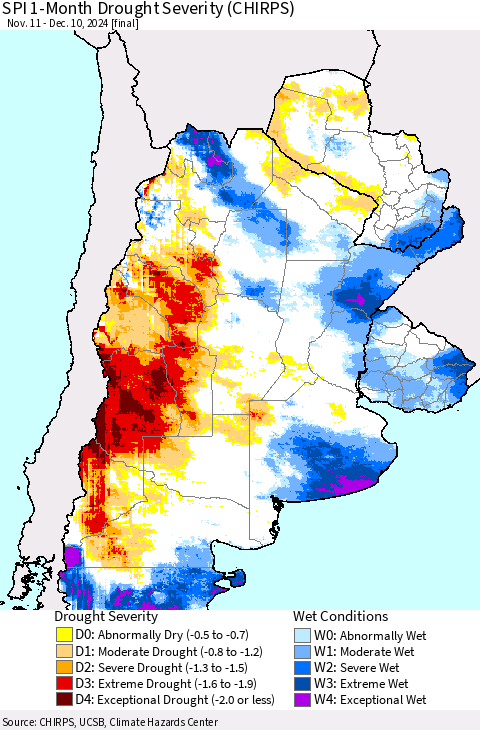 Southern South America SPI 1-Month Drought Severity (CHIRPS) Thematic Map For 11/11/2024 - 12/10/2024