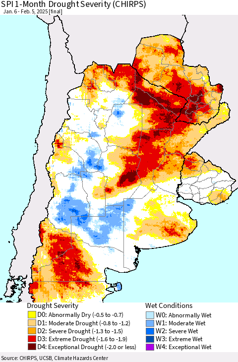 Southern South America SPI 1-Month Drought Severity (CHIRPS) Thematic Map For 1/6/2025 - 2/5/2025