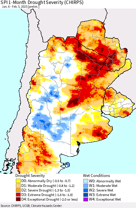 Southern South America SPI 1-Month Drought Severity (CHIRPS) Thematic Map For 1/6/2025 - 2/5/2025