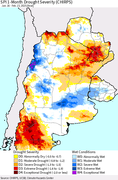 Southern South America SPI 1-Month Drought Severity (CHIRPS) Thematic Map For 1/16/2025 - 2/15/2025