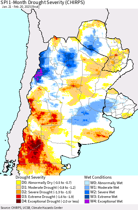 Southern South America SPI 1-Month Drought Severity (CHIRPS) Thematic Map For 1/21/2025 - 2/20/2025