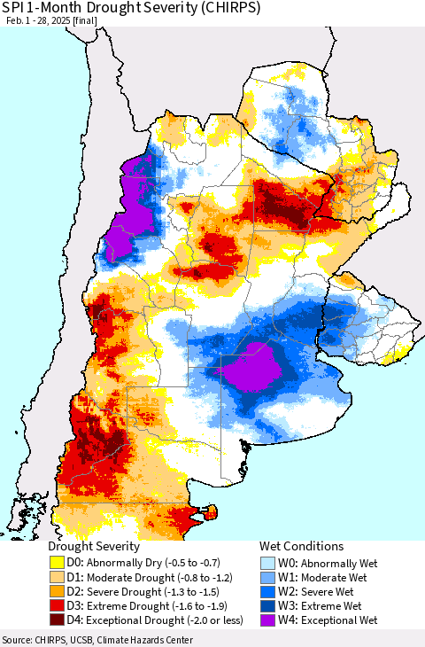 Southern South America SPI 1-Month Drought Severity (CHIRPS) Thematic Map For 2/1/2025 - 2/28/2025