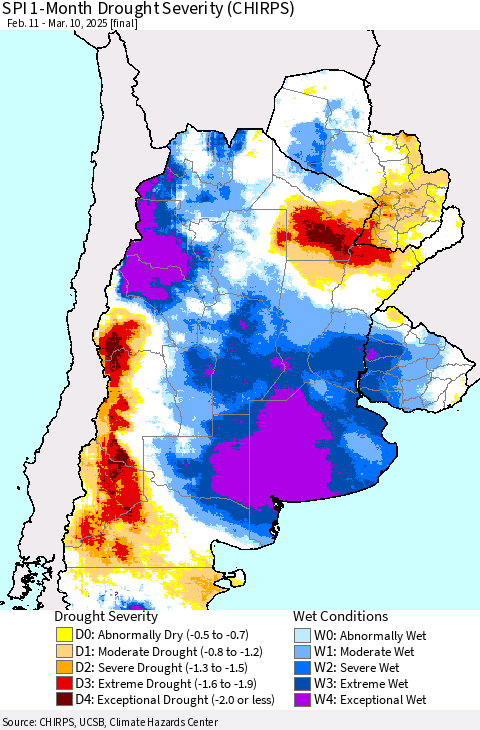 Southern South America SPI 1-Month Drought Severity (CHIRPS) Thematic Map For 2/11/2025 - 3/10/2025