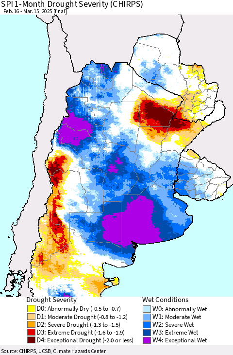 Southern South America SPI 1-Month Drought Severity (CHIRPS) Thematic Map For 2/16/2025 - 3/15/2025