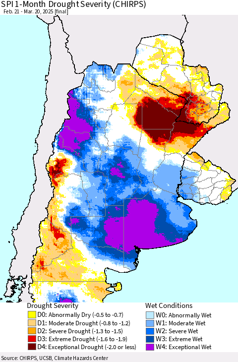 Southern South America SPI 1-Month Drought Severity (CHIRPS) Thematic Map For 2/21/2025 - 3/20/2025