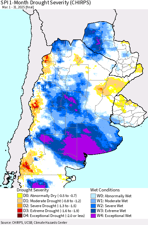 Southern South America SPI 1-Month Drought Severity (CHIRPS) Thematic Map For 3/1/2025 - 3/31/2025