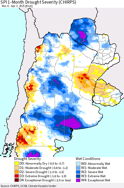 Southern South America SPI 1-Month Drought Severity (CHIRPS) Thematic Map For 3/6/2025 - 4/5/2025