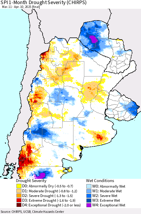 Southern South America SPI 1-Month Drought Severity (CHIRPS) Thematic Map For 3/11/2025 - 4/10/2025