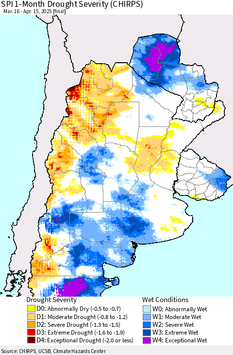 Southern South America SPI 1-Month Drought Severity (CHIRPS) Thematic Map For 3/16/2025 - 4/15/2025