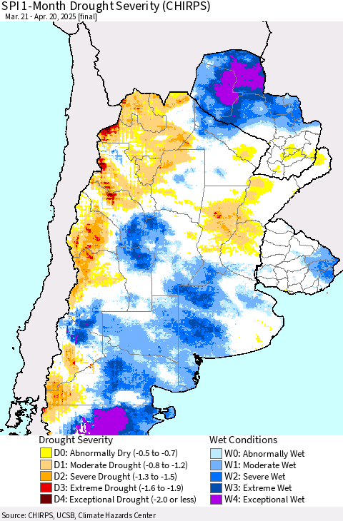 Southern South America SPI 1-Month Drought Severity (CHIRPS) Thematic Map For 3/21/2025 - 4/20/2025