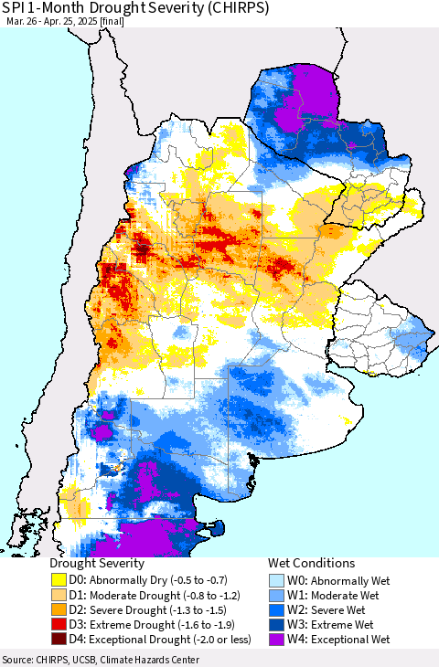 Southern South America SPI 1-Month Drought Severity (CHIRPS) Thematic Map For 3/26/2025 - 4/25/2025