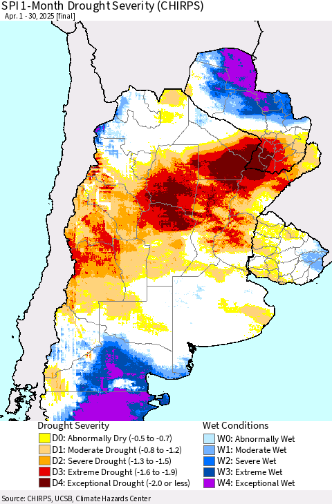 Southern South America SPI 1-Month Drought Severity (CHIRPS) Thematic Map For 4/1/2025 - 4/30/2025