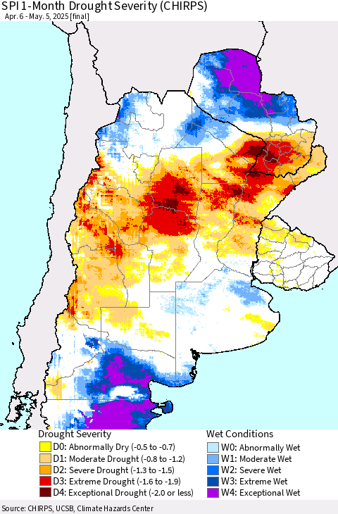Southern South America SPI 1-Month Drought Severity (CHIRPS) Thematic Map For 4/6/2025 - 5/5/2025
