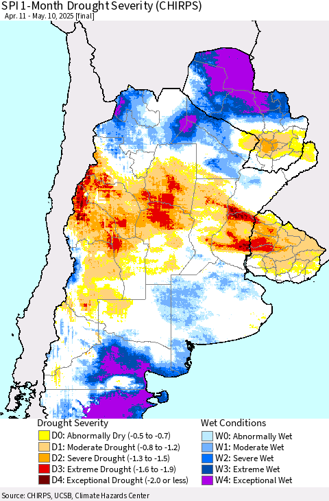 Southern South America SPI 1-Month Drought Severity (CHIRPS) Thematic Map For 4/11/2025 - 5/10/2025
