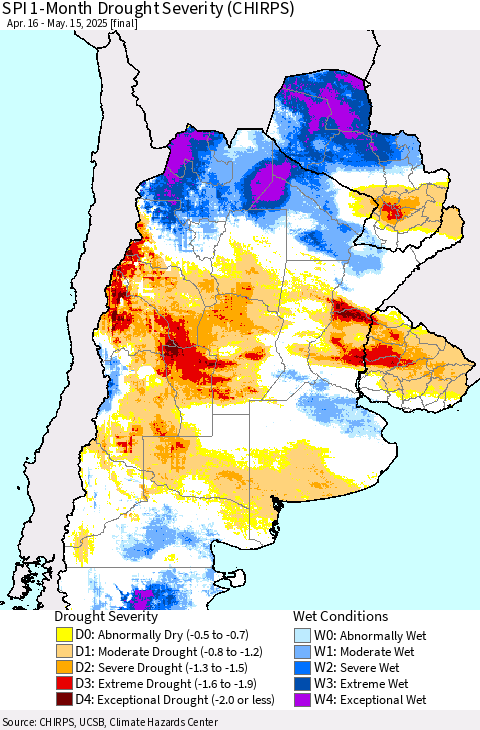Southern South America SPI 1-Month Drought Severity (CHIRPS) Thematic Map For 4/16/2025 - 5/15/2025