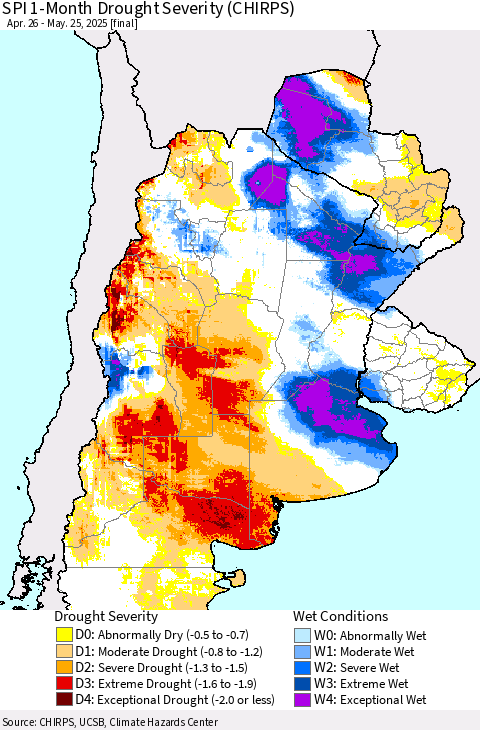 Southern South America SPI 1-Month Drought Severity (CHIRPS) Thematic Map For 4/26/2025 - 5/25/2025