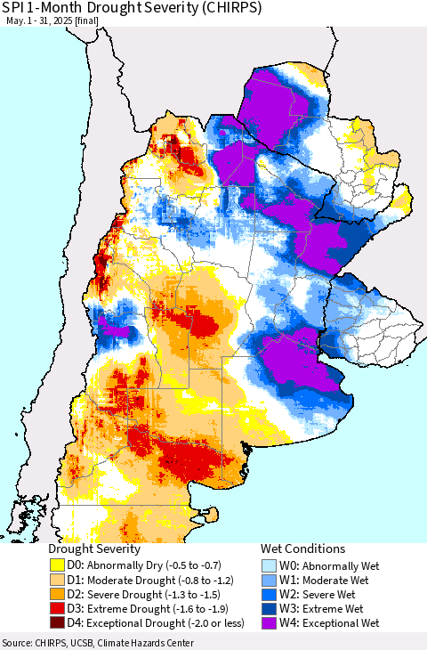 Southern South America SPI 1-Month Drought Severity (CHIRPS) Thematic Map For 5/1/2025 - 5/31/2025