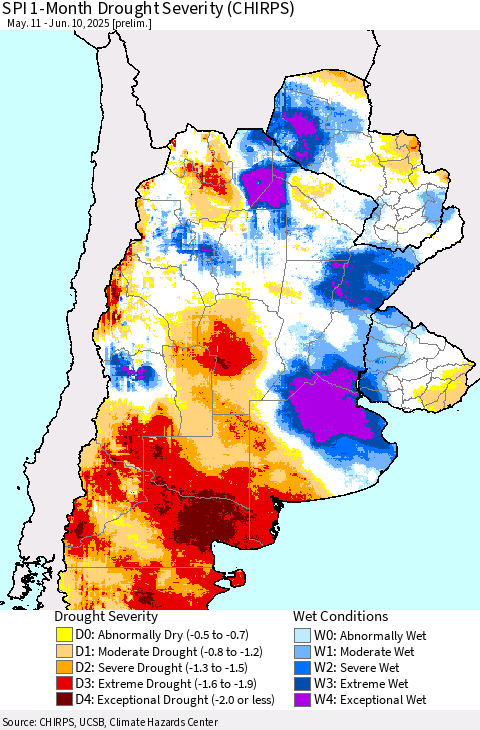 Southern South America SPI 1-Month Drought Severity (CHIRPS) Thematic Map For 5/11/2025 - 6/10/2025