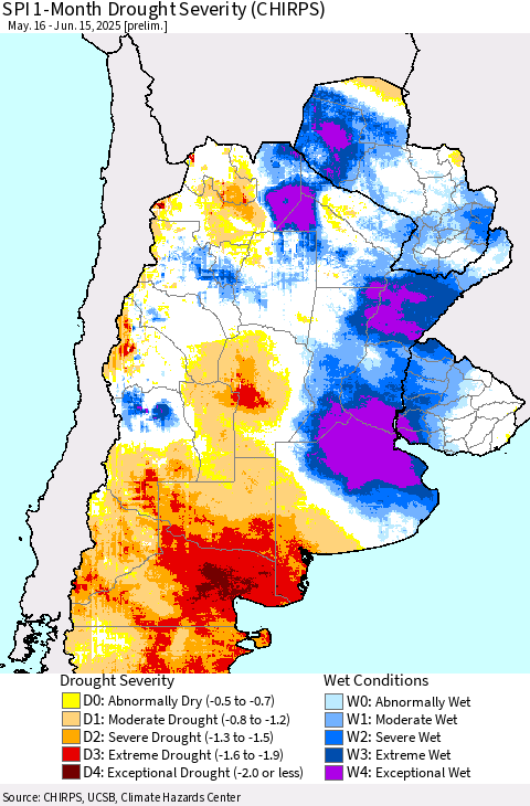 Southern South America SPI 1-Month Drought Severity (CHIRPS) Thematic Map For 5/16/2025 - 6/15/2025