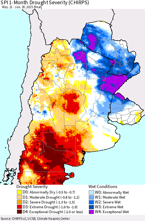 Southern South America SPI 1-Month Drought Severity (CHIRPS) Thematic Map For 5/21/2025 - 6/20/2025