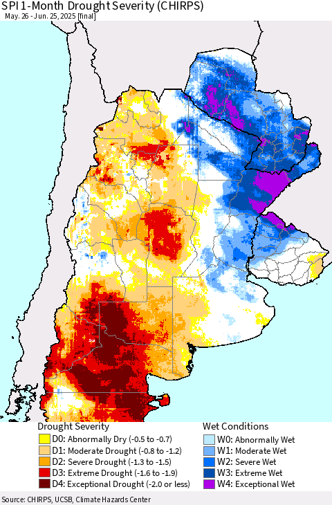 Southern South America SPI 1-Month Drought Severity (CHIRPS) Thematic Map For 5/26/2025 - 6/25/2025