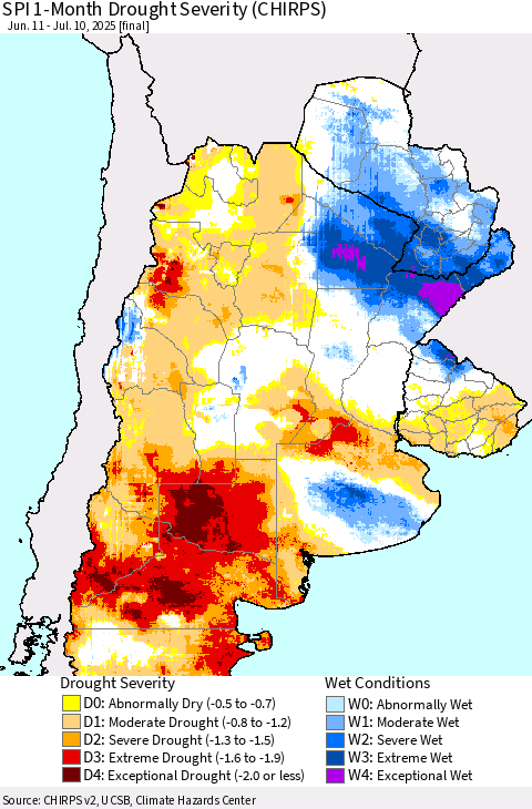 Southern South America SPI 1-Month Drought Severity (CHIRPS) Thematic Map For 6/11/2025 - 7/10/2025