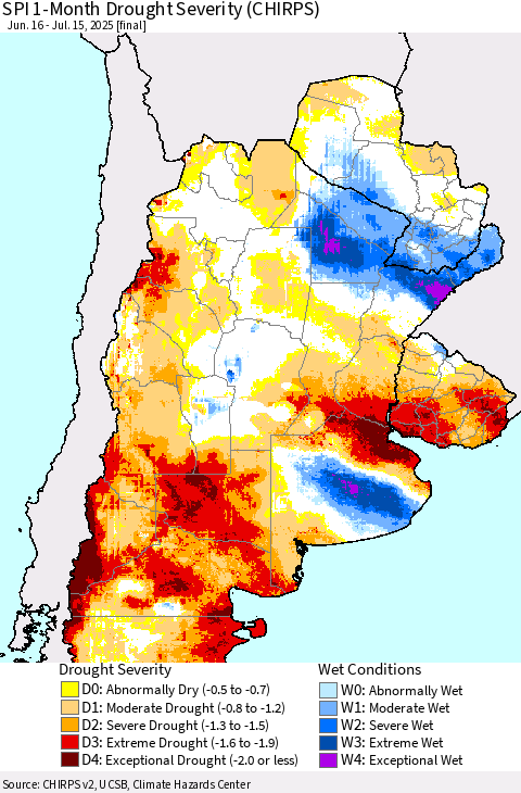 Southern South America SPI 1-Month Drought Severity (CHIRPS) Thematic Map For 6/16/2025 - 7/15/2025