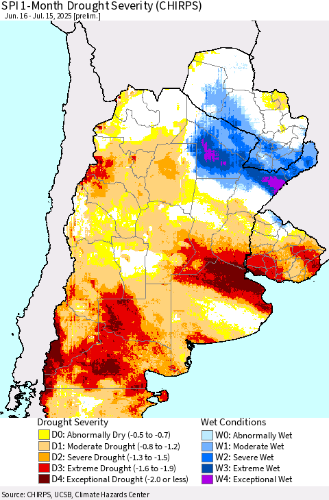 Southern South America SPI 1-Month Drought Severity (CHIRPS) Thematic Map For 6/16/2025 - 7/15/2025