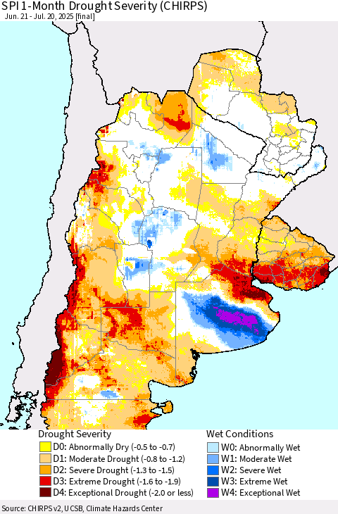 Southern South America SPI 1-Month Drought Severity (CHIRPS) Thematic Map For 6/21/2025 - 7/20/2025