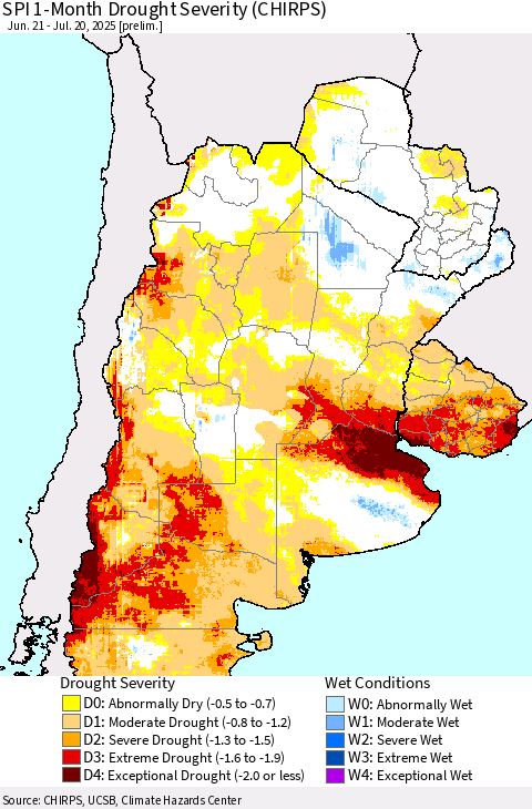 Southern South America SPI 1-Month Drought Severity (CHIRPS) Thematic Map For 6/21/2025 - 7/20/2025