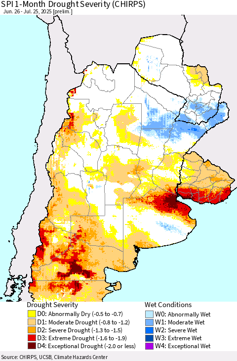 Southern South America SPI 1-Month Drought Severity (CHIRPS) Thematic Map For 6/26/2025 - 7/25/2025