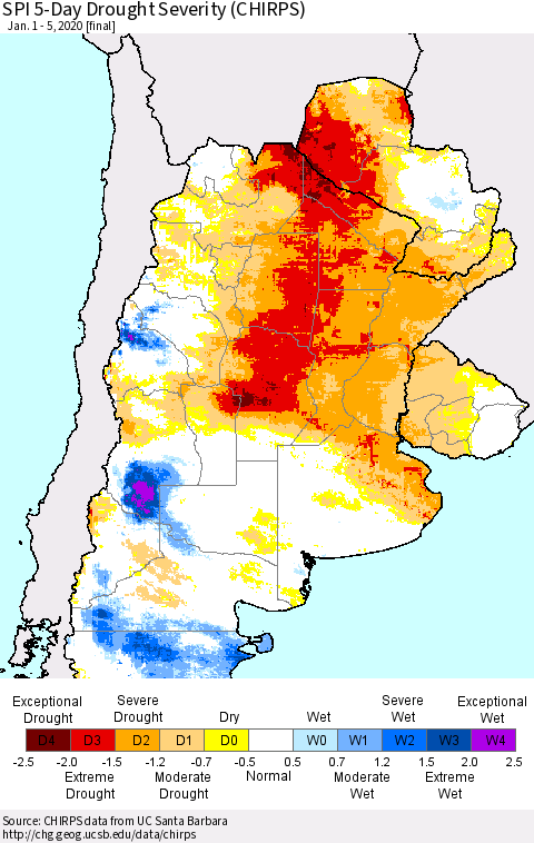 Southern South America SPI 5-Day Drought Severity (CHIRPS) Thematic Map For 1/1/2020 - 1/5/2020