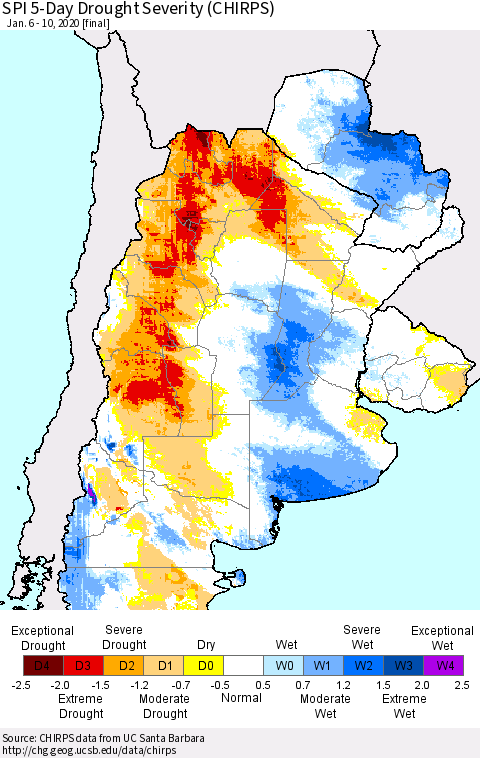 Southern South America SPI 5-Day Drought Severity (CHIRPS) Thematic Map For 1/6/2020 - 1/10/2020