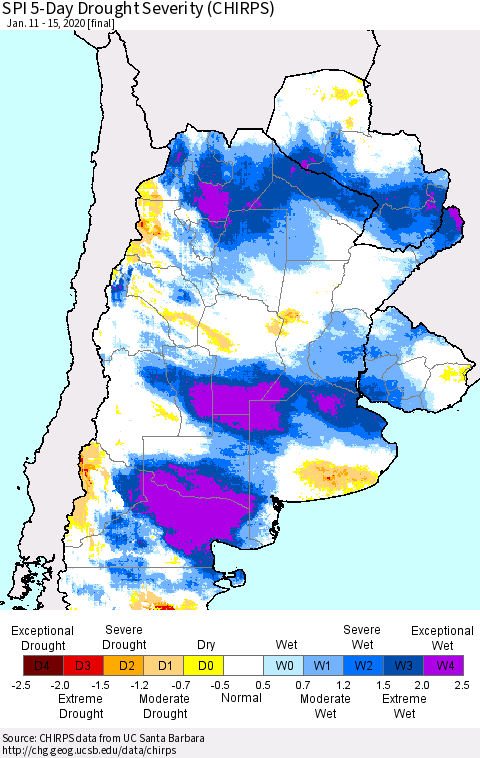 Southern South America SPI 5-Day Drought Severity (CHIRPS) Thematic Map For 1/11/2020 - 1/15/2020