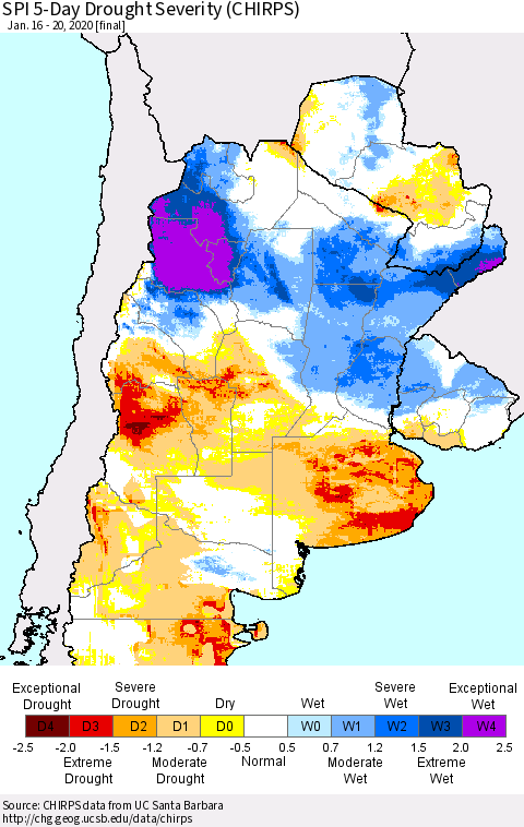Southern South America SPI 5-Day Drought Severity (CHIRPS) Thematic Map For 1/16/2020 - 1/20/2020