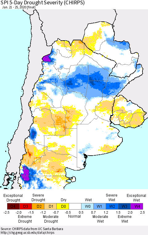 Southern South America SPI 5-Day Drought Severity (CHIRPS) Thematic Map For 1/21/2020 - 1/25/2020