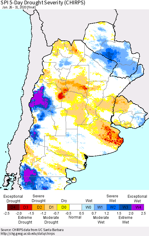 Southern South America SPI 5-Day Drought Severity (CHIRPS) Thematic Map For 1/26/2020 - 1/31/2020