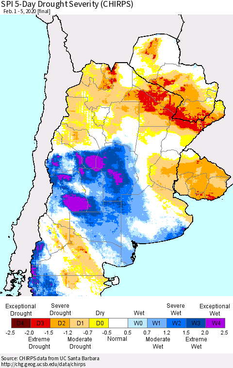 Southern South America SPI 5-Day Drought Severity (CHIRPS) Thematic Map For 2/1/2020 - 2/5/2020