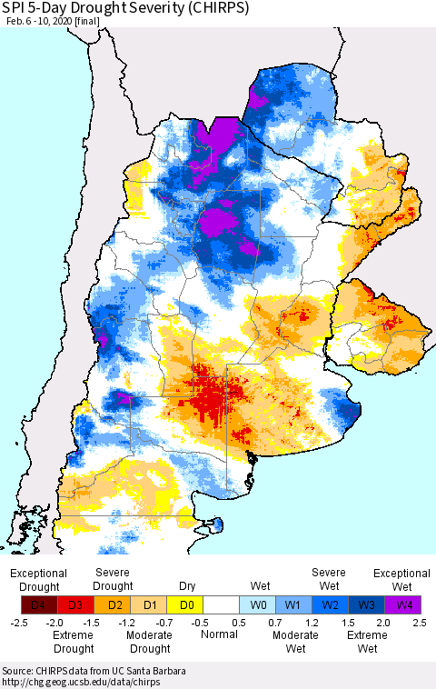 Southern South America SPI 5-Day Drought Severity (CHIRPS) Thematic Map For 2/6/2020 - 2/10/2020