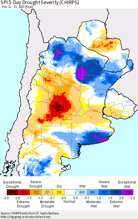 Southern South America SPI 5-Day Drought Severity (CHIRPS) Thematic Map For 2/11/2020 - 2/15/2020
