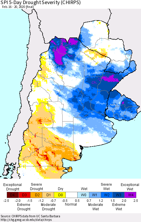 Southern South America SPI 5-Day Drought Severity (CHIRPS) Thematic Map For 2/16/2020 - 2/20/2020