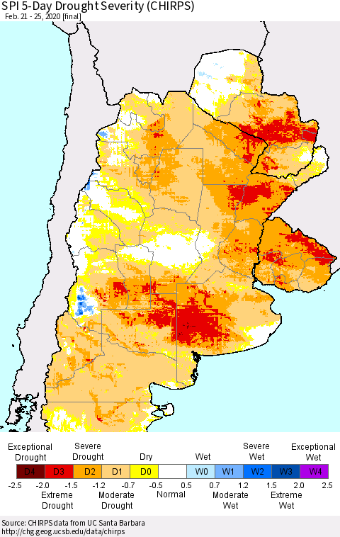 Southern South America SPI 5-Day Drought Severity (CHIRPS) Thematic Map For 2/21/2020 - 2/25/2020