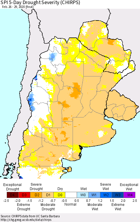 Southern South America SPI 5-Day Drought Severity (CHIRPS) Thematic Map For 2/26/2020 - 2/29/2020