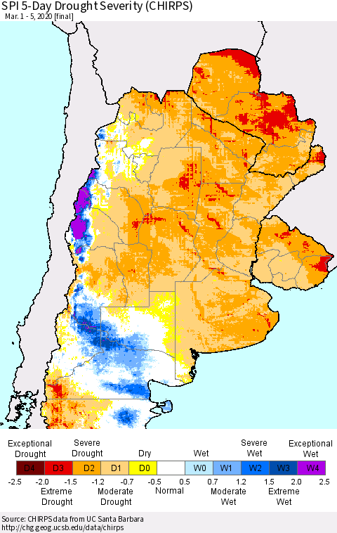 Southern South America SPI 5-Day Drought Severity (CHIRPS) Thematic Map For 3/1/2020 - 3/5/2020
