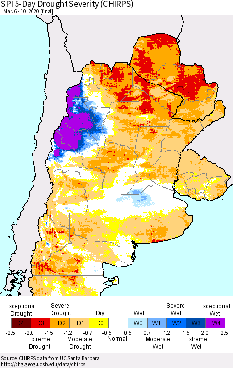Southern South America SPI 5-Day Drought Severity (CHIRPS) Thematic Map For 3/6/2020 - 3/10/2020