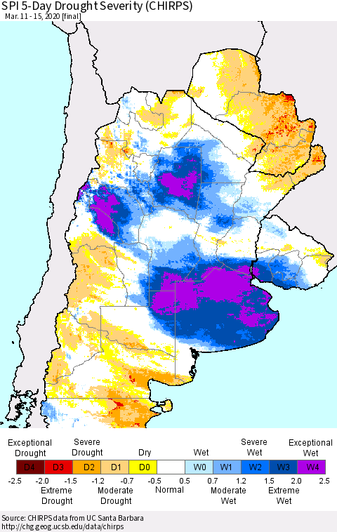 Southern South America SPI 5-Day Drought Severity (CHIRPS) Thematic Map For 3/11/2020 - 3/15/2020