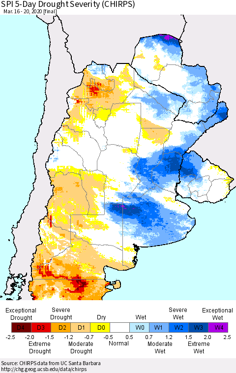 Southern South America SPI 5-Day Drought Severity (CHIRPS) Thematic Map For 3/16/2020 - 3/20/2020
