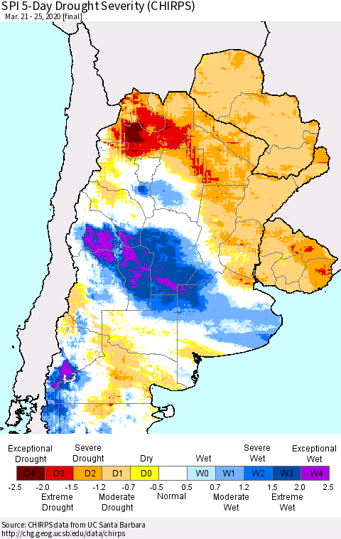 Southern South America SPI 5-Day Drought Severity (CHIRPS) Thematic Map For 3/21/2020 - 3/25/2020