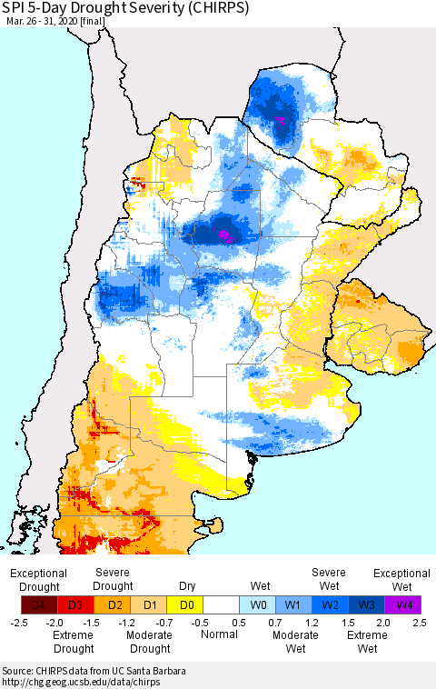 Southern South America SPI 5-Day Drought Severity (CHIRPS) Thematic Map For 3/26/2020 - 3/31/2020