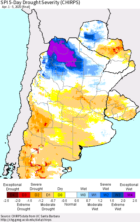 Southern South America SPI 5-Day Drought Severity (CHIRPS) Thematic Map For 4/1/2020 - 4/5/2020